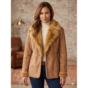 RP Sport Womens Large Faux Suede Jacket Brown Faux Fur Trim Whipstitch Western
